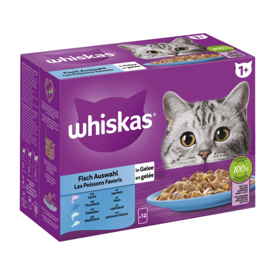 WHISKAS® Portionsbeutel Multipack 1+ Fisch Auswahl in Gelee | 12 x 85 g