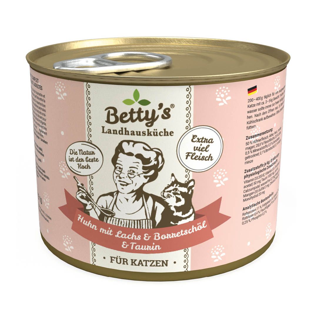 Betty's Landhausküche - Katze - Nassfutter - Huhn & Lachs mit Borretschöl | 6 x 200 g