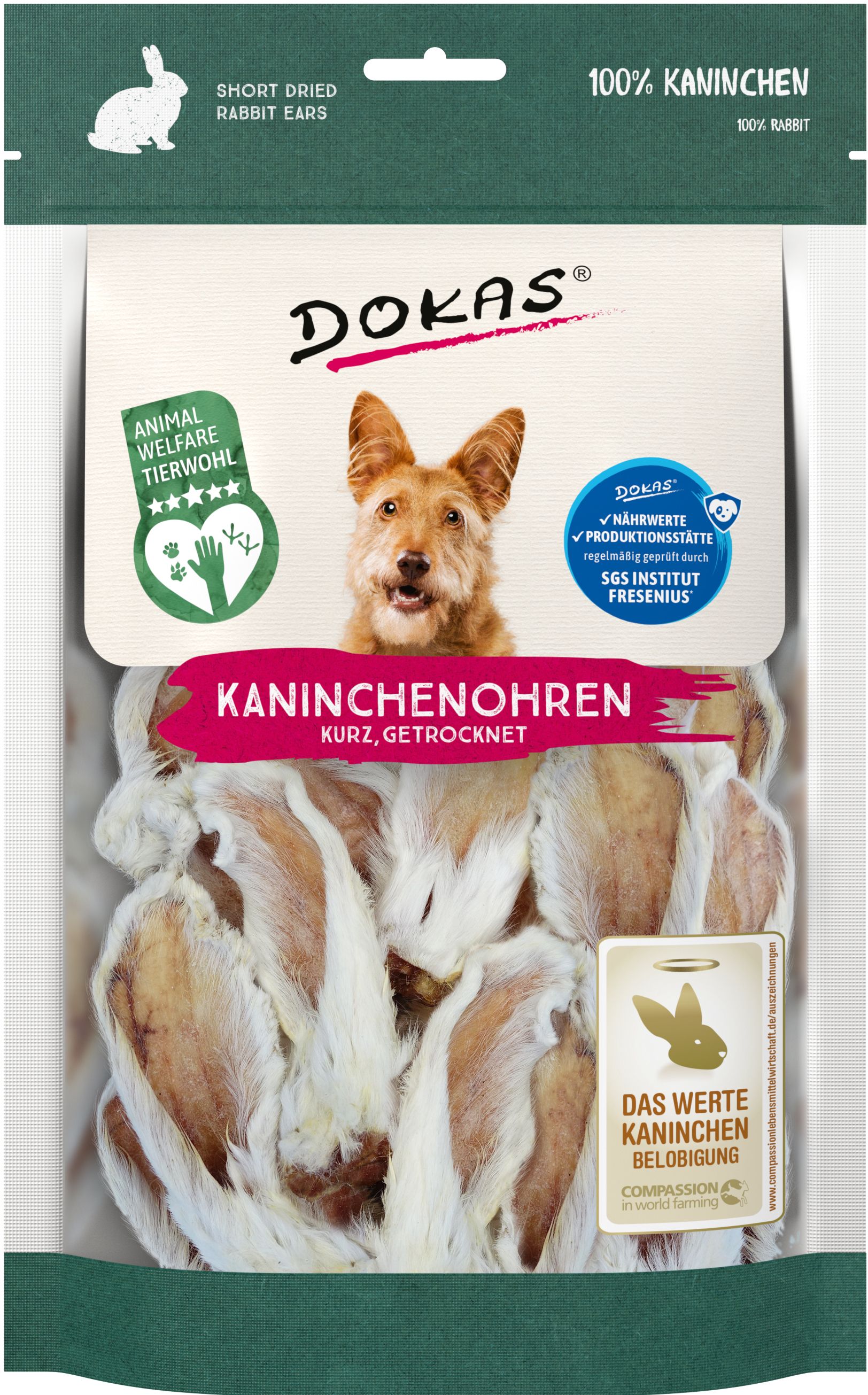 Dokas Kaninchenohren mit Fell getrocknet | 7 x 100 g