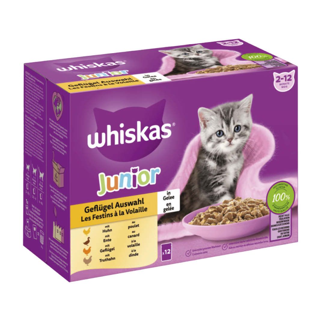 WHISKAS® Portionsbeutel Multipack Junior Geflügel Auswahl in Gelee (4 x 12 =) | 48 x 85 g