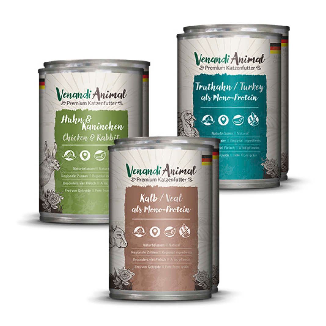 Venandi Animal - Probierpaket II - 2 x Huhn & Kaninchen, 2 x Kalb, 2 x Truthahn | 6 x 400 g