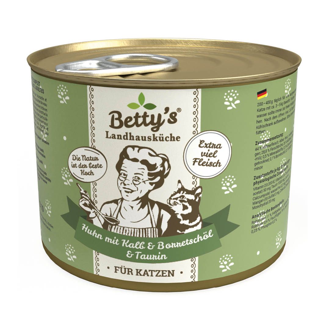 Betty's Landhausküche - Katze - Nassfutter - Huhn & Kalb mit Borretschöl | 6 x 200 g
