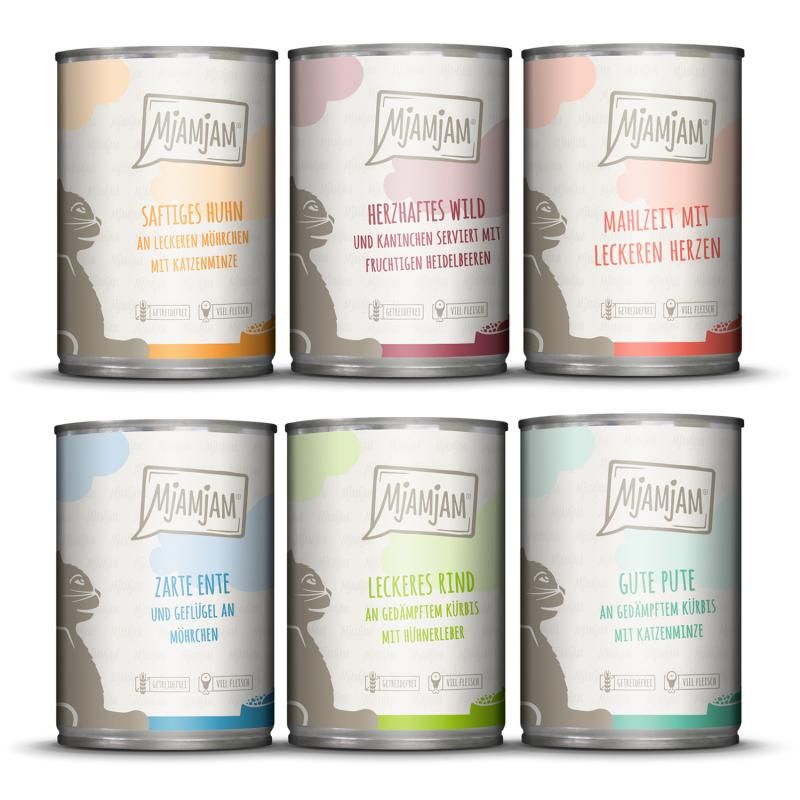 MjAMjAM Cat - Mixpaket III - Pute, Ente & Geflügel, Herzen, Huhn, Rind | 6 x 400 g