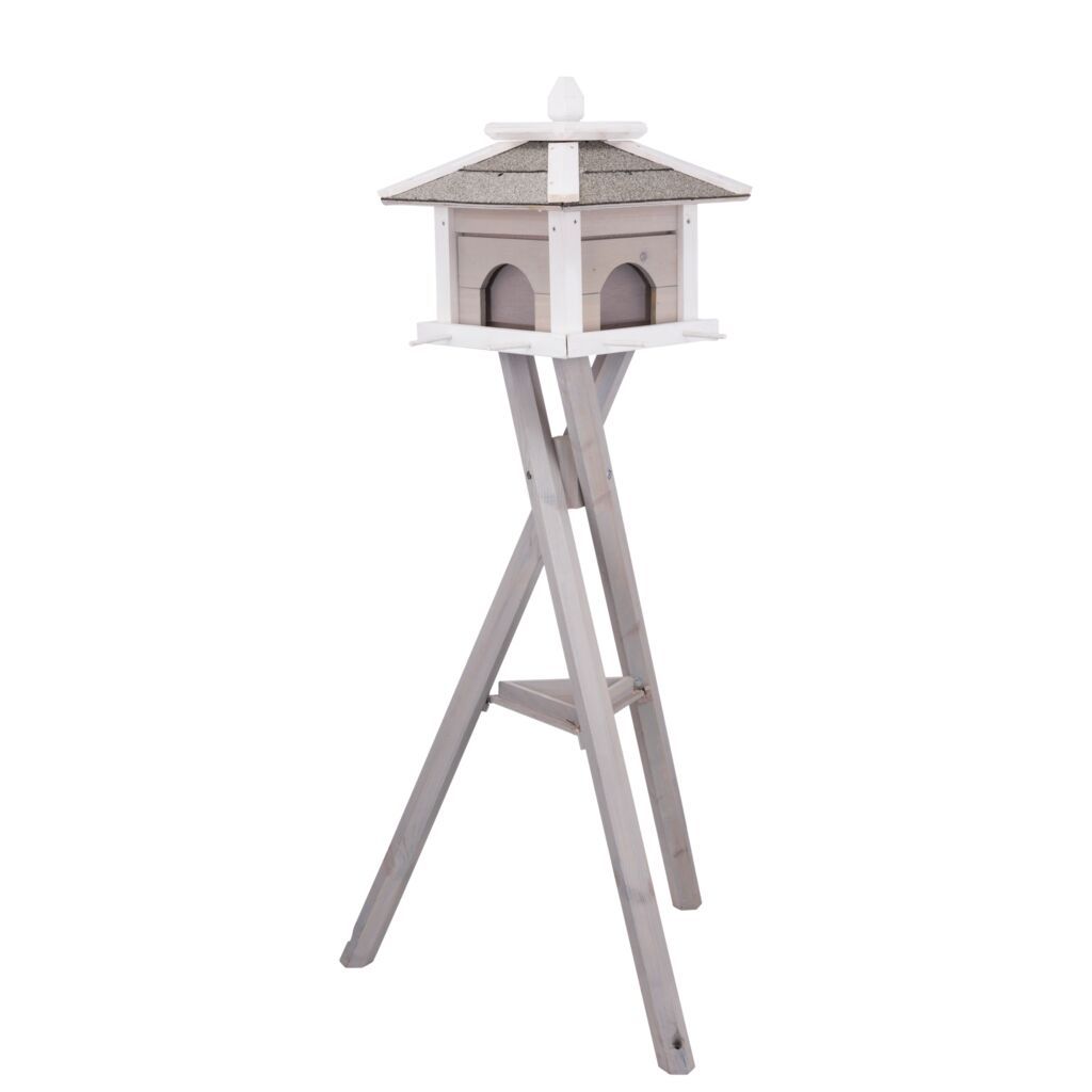 TRIXIE natura Futterhaus m. Ständer & Silo, Kiefernholz, grau/weiß | 46 x 35 x 46 cm