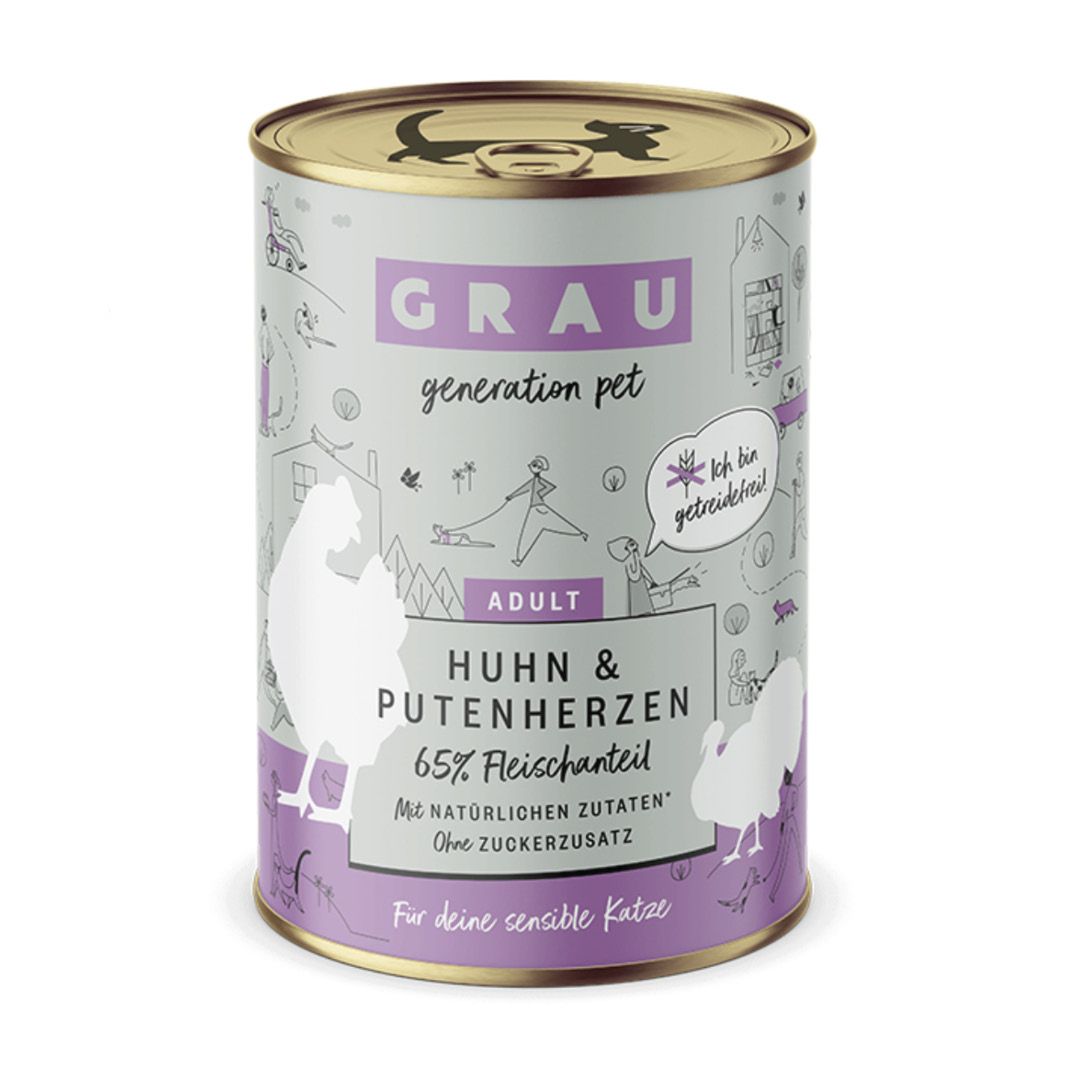 Grau Katze Huhn & Putenherzen | 6 x 400 g