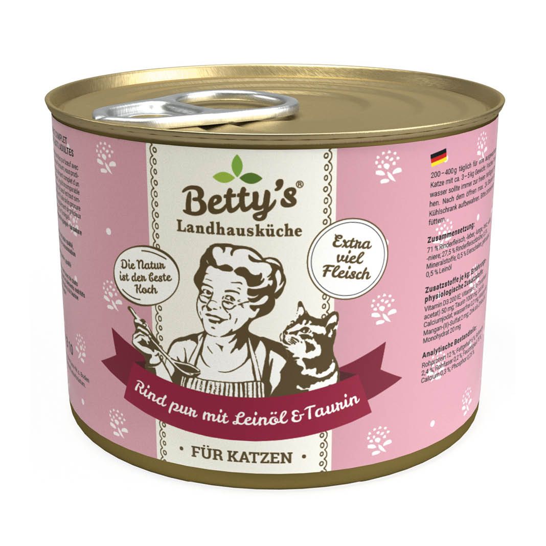 Betty's Landhausküche - Katze - Nassfutter - Rind pur mit Leinöl | 6 x 200 g