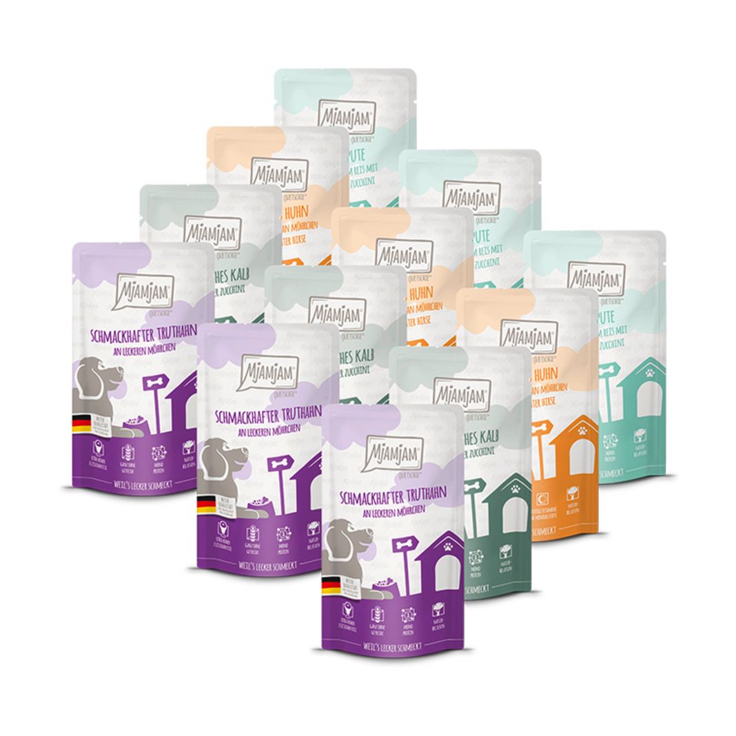 MjAMjAM Dog Mixpaket III - Pute, Huhn, Truthahn, Kalb | 12 x 125 g