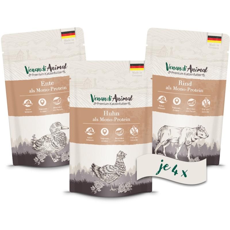 Venandi Animal - Probierpaket I - 4 x Huhn, 4 x Ente, 4 x Rind | 12 x 125 g