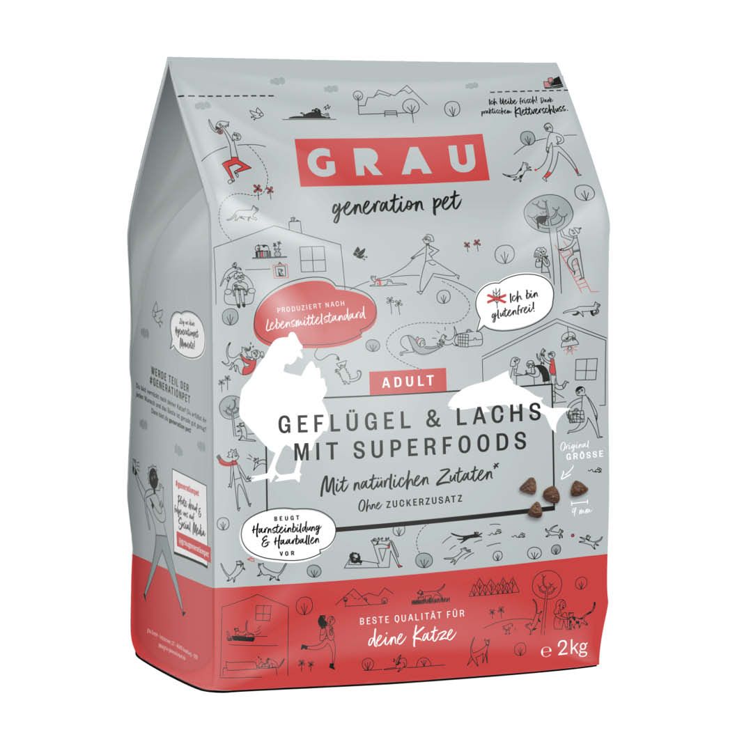 Grau Katze Geflügel & Lachs mit Superfoods