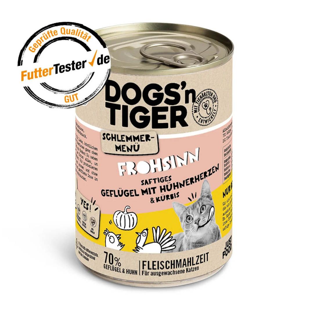 Dogs'n Tiger - Katzennassfutter - Schlemmermenü - Adult - Frohsinn - Geflügel mit Hühnerherzen & Kürbis | 6 x 400 g