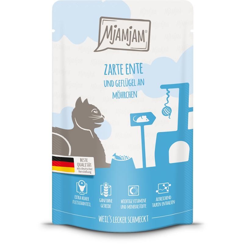 MjAMjAM Cat - Zarte Ente & Geflügel an leckeren Möhrchen - Quetschie | 12 x 125 g