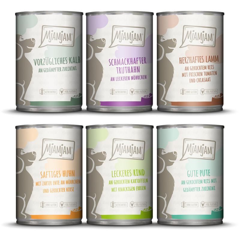 MjAMjAM Dog Mixpaket II - Huhn & Ente Rind Pute Kalb Truthahn Lamm | 6 x 400 g