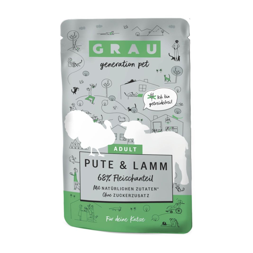 Grau Katze Pouch Beutel Pute & Lamm | 16 x 125 g