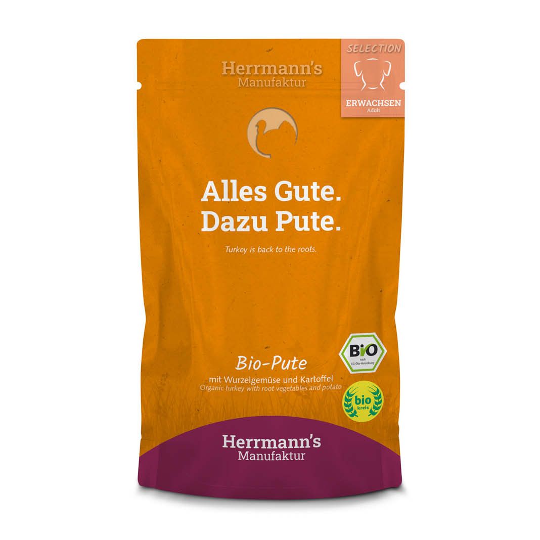 Herrmanns Selection - Erwachsen - Bio Pute mit Wurzelgemüse, Kartoffeln und Fenchel - Pouch | 14 x 150 g