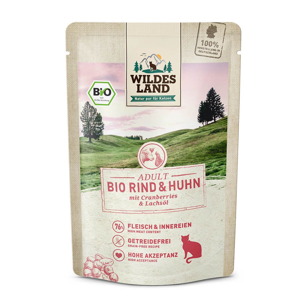 Wildes Land Cat - BIO Adult - Rind und Huhn mit Cranberries und Lachsl -  Pouch | 12 x 85 g | 12 x 85 g | Rind und Huhn mit Cranberries und Lachsl |  1land00144
