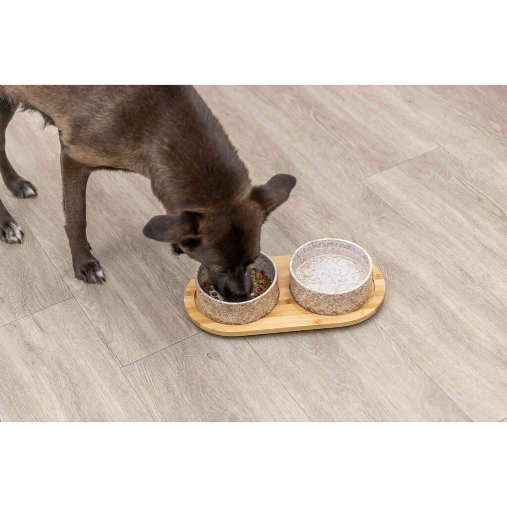 TRIXIE Napf-Set, Keramik/Bambus, weiß/hellbraun | 2 x 0.8 l