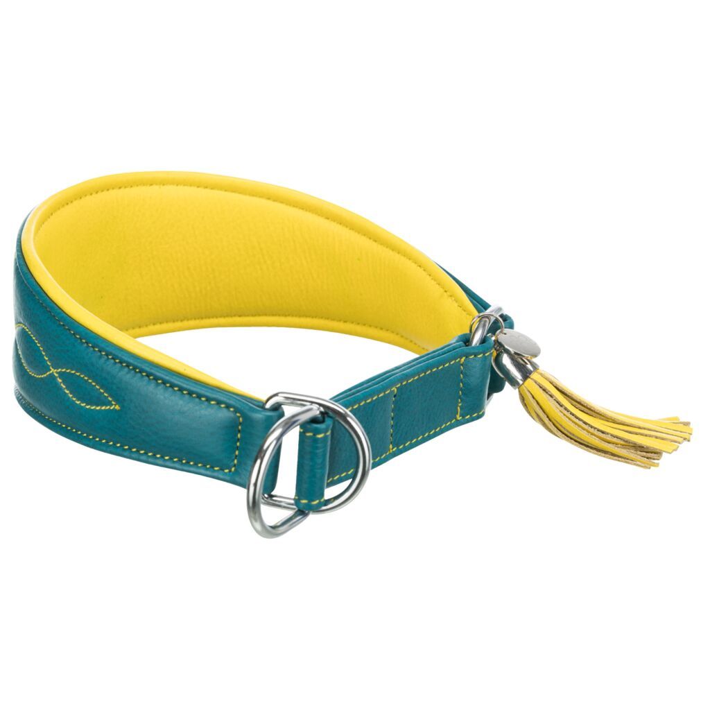 TRIXIE Active Comfort Halsband für Windhunde, Leder, petrol/gelb | S–M: 33–42 cm/60 mm