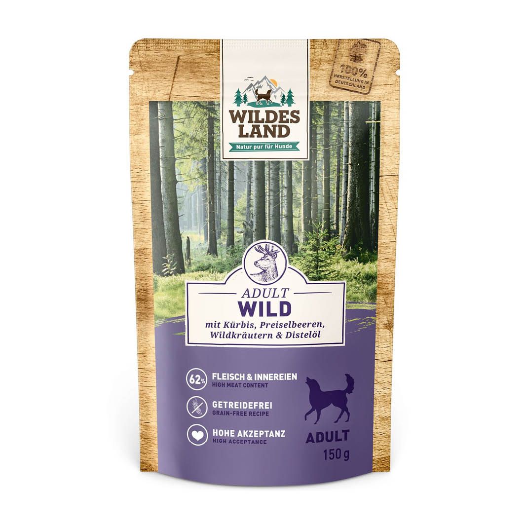 Wildes Land Classic Adult - Wild mit Kürbis, Preiselbeeren, Wildkräutern und Distelöl - Pouch | 8 x 150 g