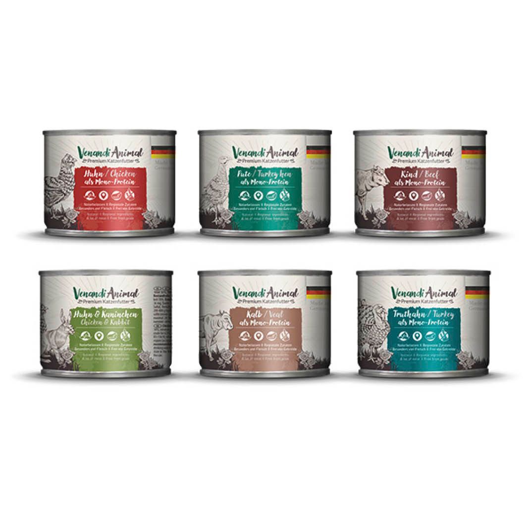 Venandi Animal - Probierpaket III - Huhn Pute Rind Kalb Truthahn Huhn&Kaninchen | 6 x 200 g