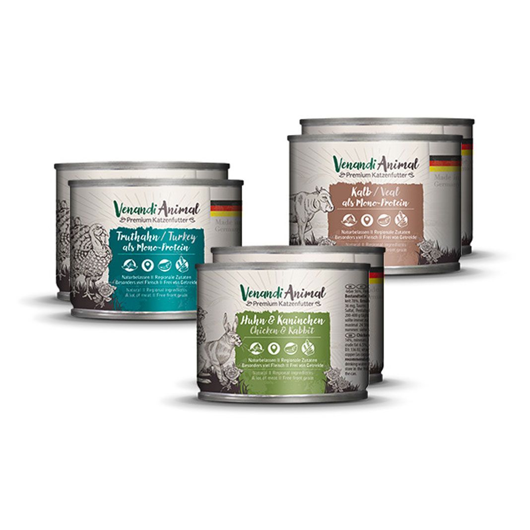 Venandi Animal - Probierpaket II - 2 x Huhn & Kaninchen, 2 x Kalb, 2 x Truthahn | 6 x 200 g
