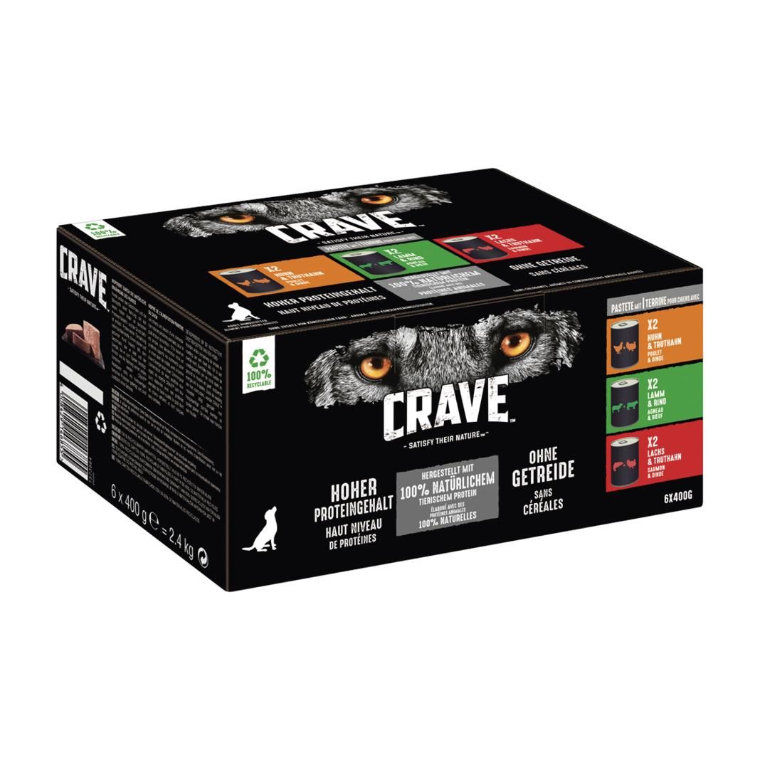 CRAVE™ Dose Multipack Pastete mit Huhn und Truthahn, Lamm und Rind, Lachs und Truthahn | 6 x 400 g
