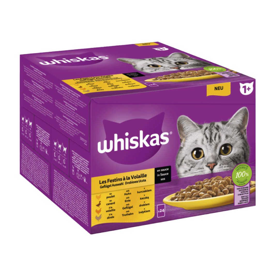WHISKAS® Portionsbeutel Multipack Vorratspack 1+ Geflügel Auswahl in Sauce | 24 x 85 g