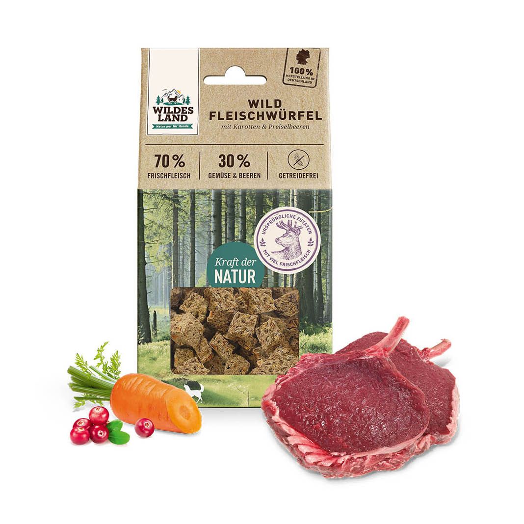 Wildes Land Fleischwürfel - Wild mit Karotte und Preiselbeeren | 100 g