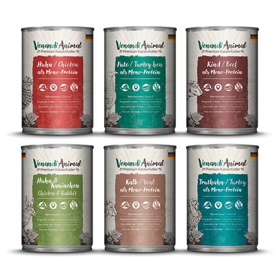 Venandi Animal - Probierpaket III - Huhn Pute Rind Kalb Truthahn Huhn&Kaninchen | 6 x 400 g