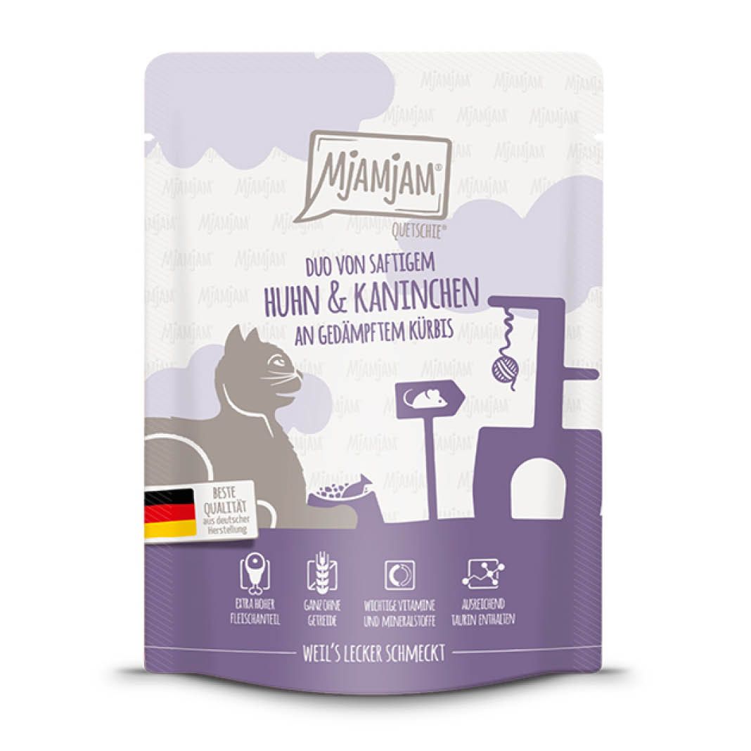 MjAMjAM Cat - DUO von saftigem Hühnchen & Kaninchen an gedämpftem Kürbis - Quetschie | 6 x 300 g