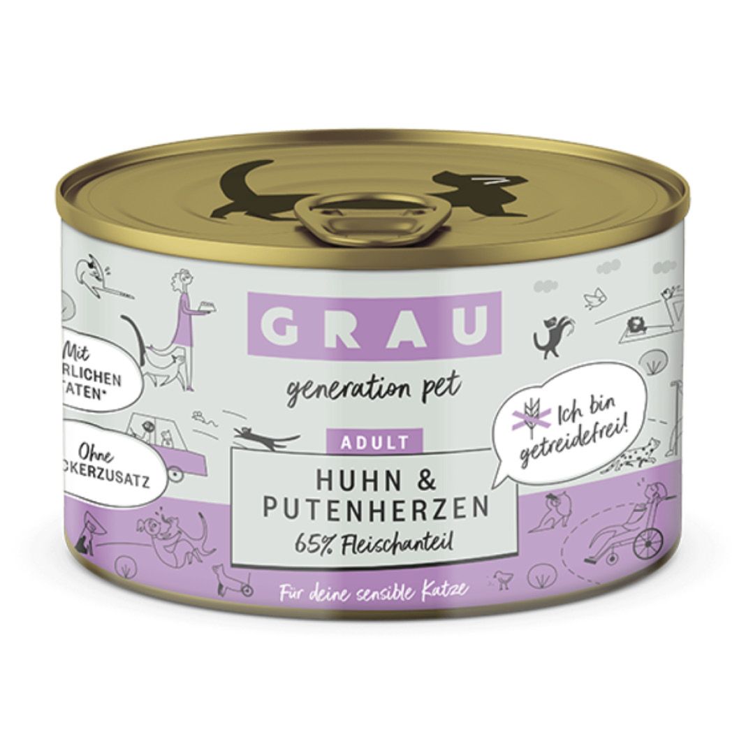 Grau Katze Huhn & Putenherzen | 6 x 200 g
