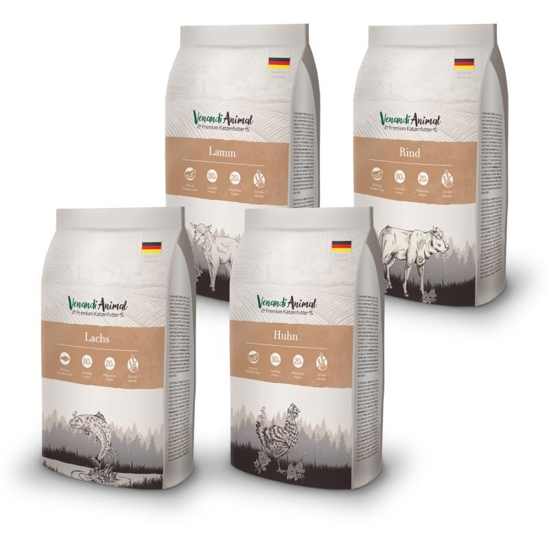Venandi Animal - Probierpaket I - 1 x Huhn, 1 x Rind, 1 x Lachs, 1 x Lamm | 4 x 1,5 kg