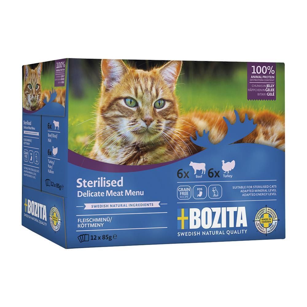 Bozita Cat Pouch Multipack Indoor&sterilised Häppchen in Gelee Rind/Truthahn | 12 x 85 g