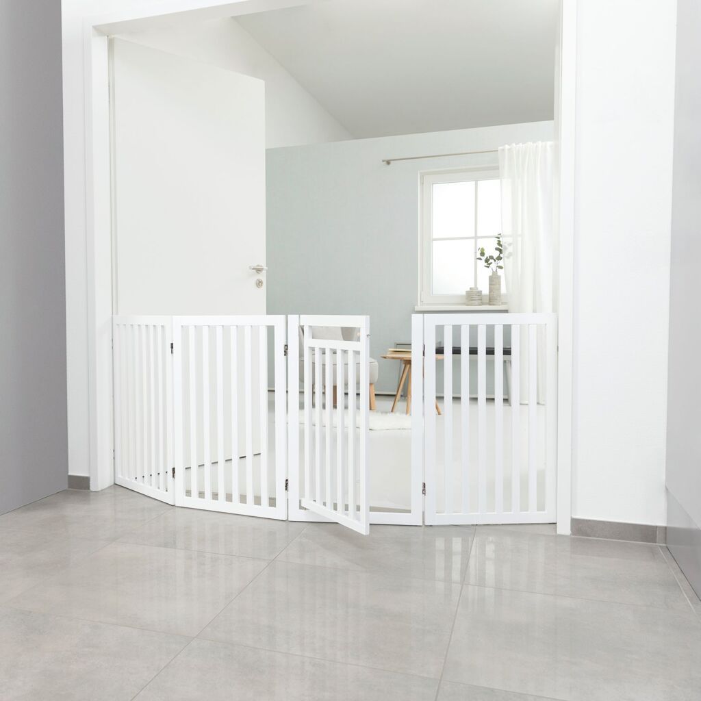 TRIXIE Absperrgitter mit Tür, MDF, 4-teilig,weiß | 60–160 x 81 cm