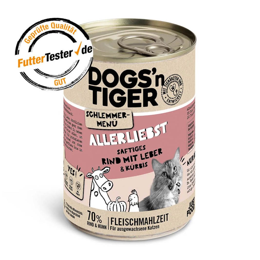 Dogs'n Tiger - Katzennassfutter - Schlemmermenü - Adult - Allerliebst - Rind mit Leber & Kürbis | 6 x 400 g