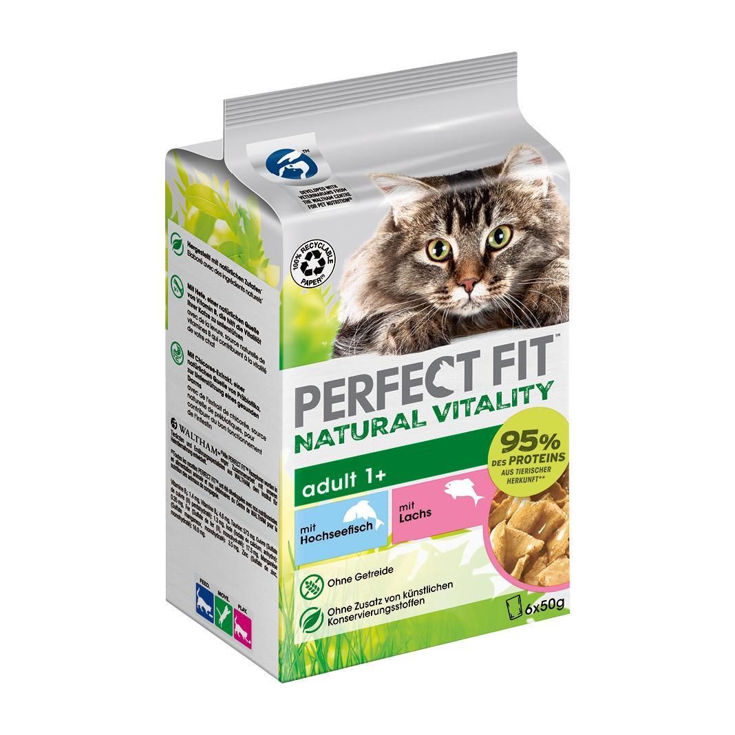 PERFECT FIT™ Katze Portionsbeutel Multipack Natural Vitality Adult 1+ mit Hochseefisch und mit Lachs | 6 x 50 g