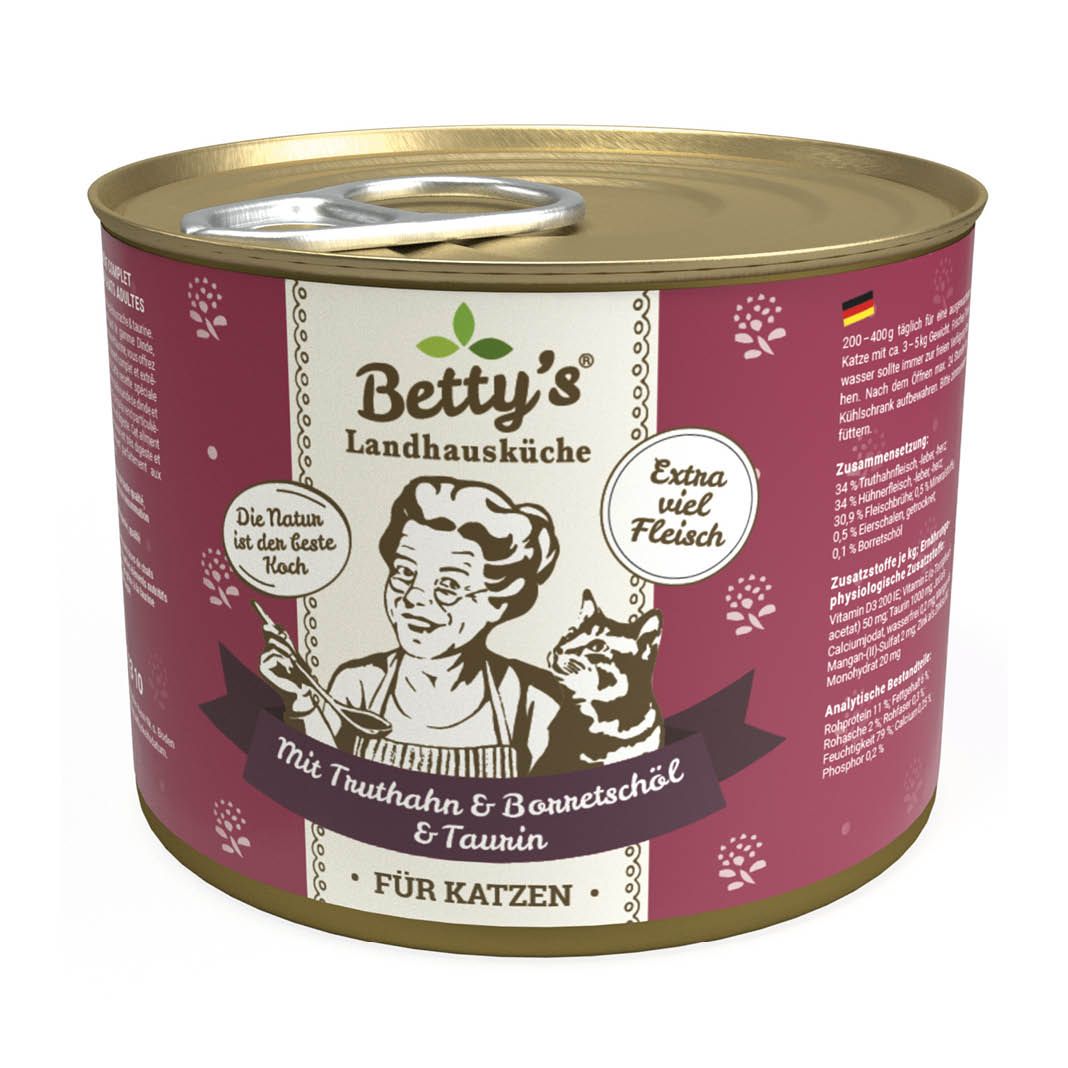 Betty's Landhausküche - Katze - Nassfutter - Truthahn mit Borretschöl | 6 x 200 g Betty's Landhausküche - Katze - Nassfutter - Truthahn mit Borretschöl | 6 x 200 g