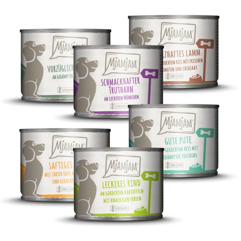 MjAMjAM Dog Mixpaket II - Huhn & Ente Rind Pute Kalb Truthahn Lamm | 6 x 200 g
