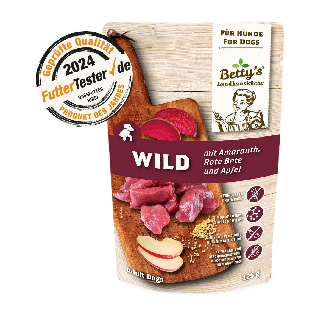 Betty's Landhausküche - Hund - Nassfutter - Wild & rote Beete, Amaranth, Apfel - Pouch | 10 x 125 g Betty's Landhausküche - Hund - Nassfutter - Wild & rote Beete, Amaranth, Apfel - Pouch | 10 x 125 g