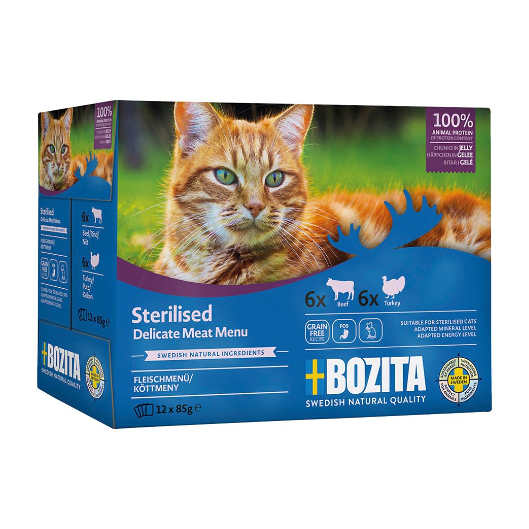 Bozita Cat Pouch Multipack Indoor&sterilised Häppchen in Gelee Rind/Truthahn | 12 x 85 g