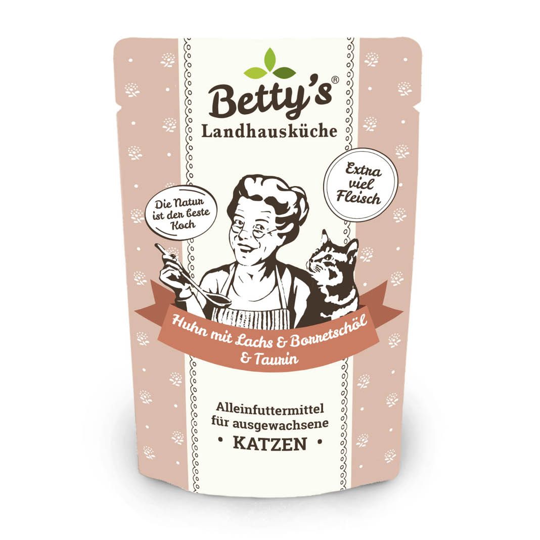 Betty's Landhausküche - Katze - Nassfutter - Huhn & Lachs mit Borretschöl - Pouch | 12 x 100 g