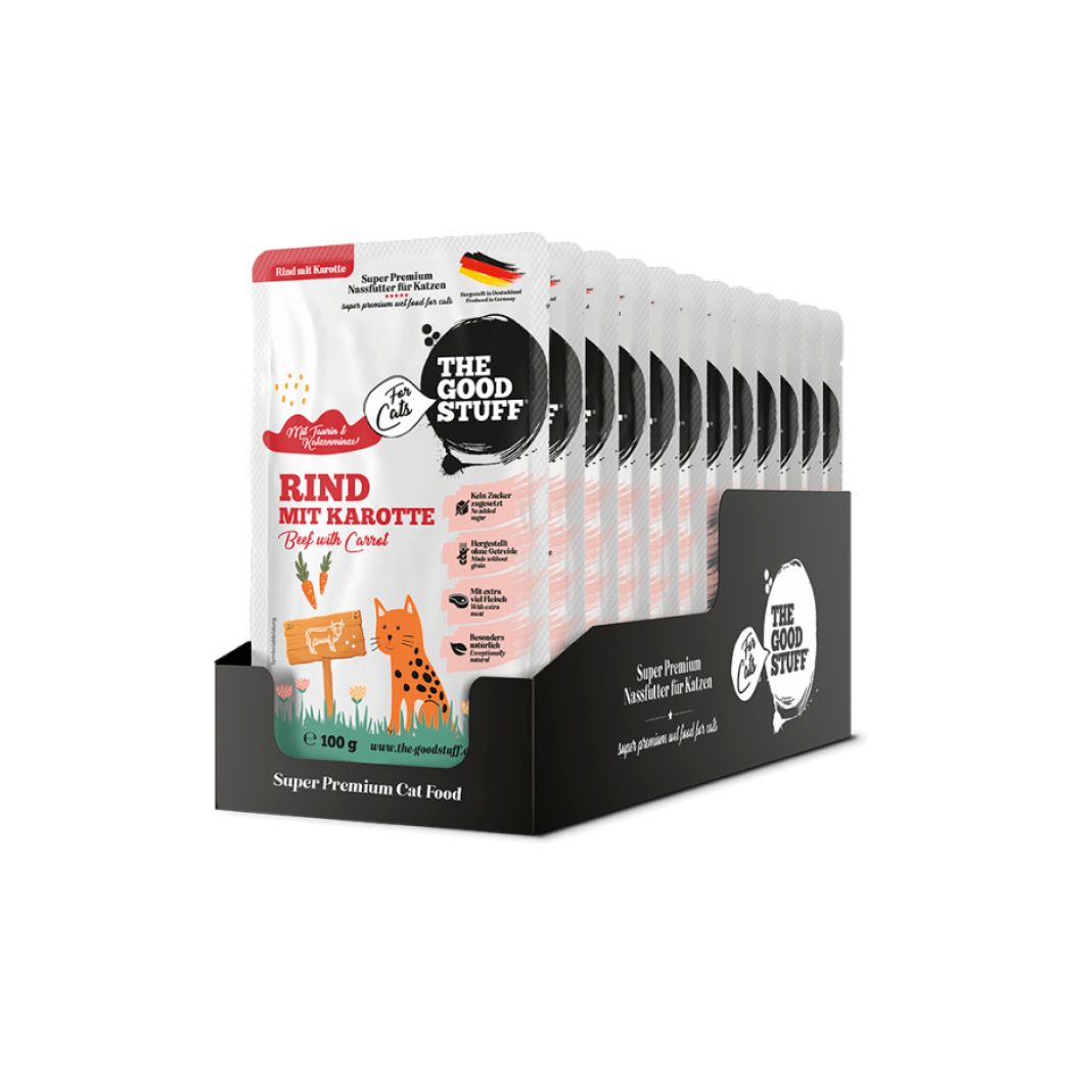 THE GOODSTUFF Rind mit Karotte (Pouch) | 12 x 100 g THE GOODSTUFF Nassfutter Katze Pouch