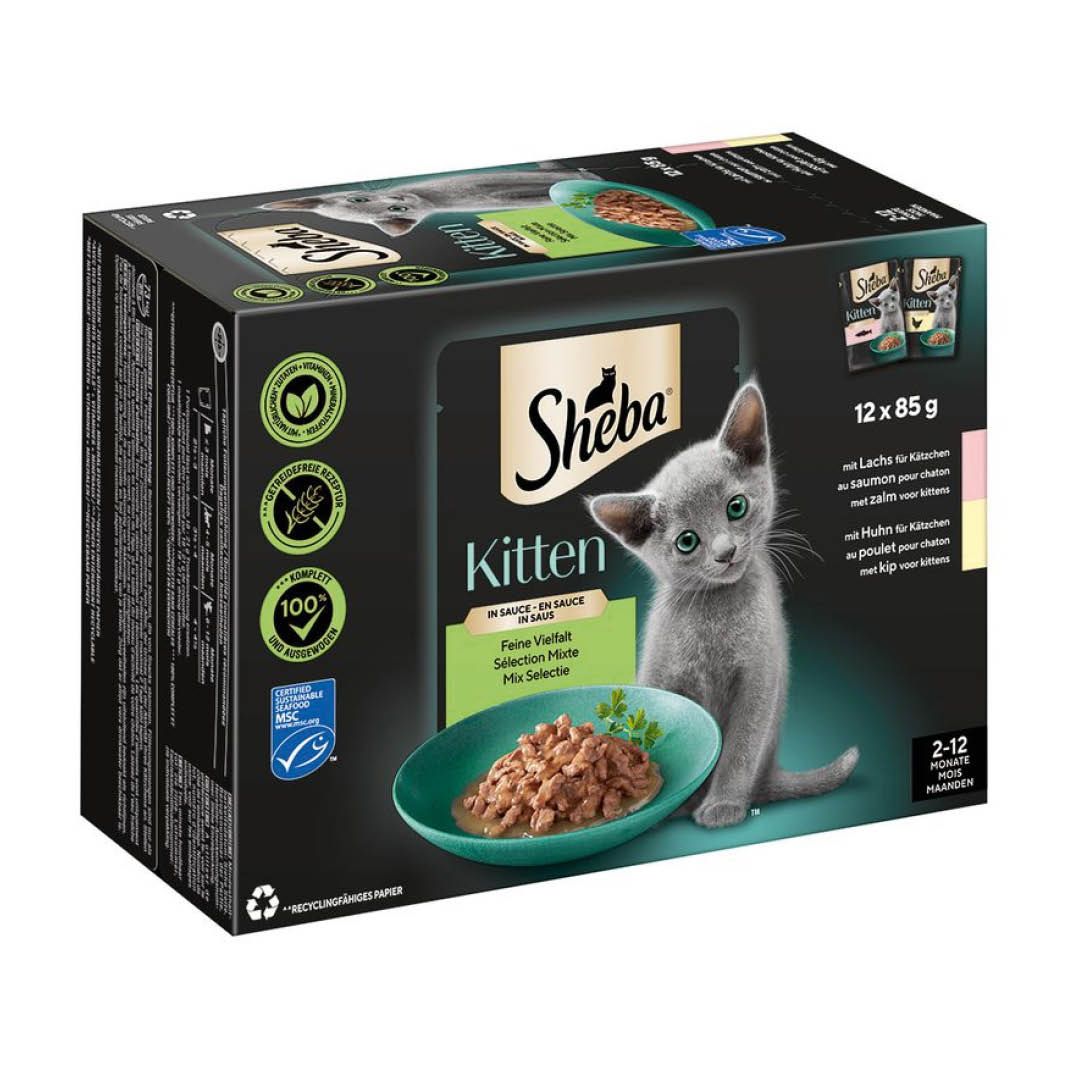 SHEBA® Portionsbeutel Multipack Kitten in Sauce Feine Vielfalt mit Lachs, mit Huhn MSC