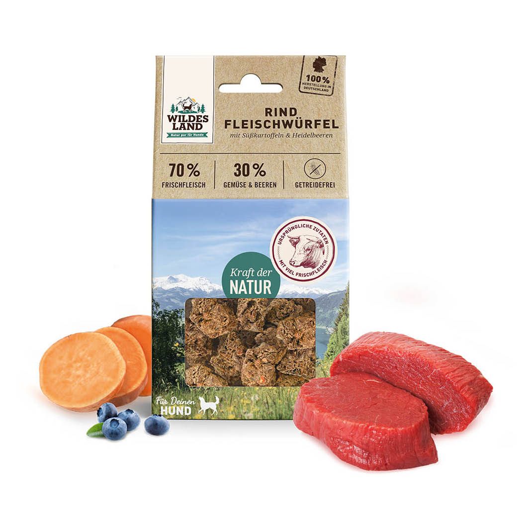 Wildes Land Fleischwürfel - Rind mit Süßkartoffel und Heidelbeeren | 100 g