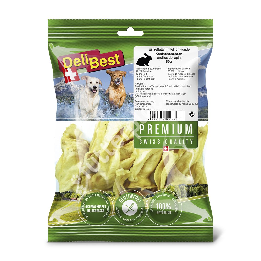 DeliBest Premium - Kaninchenohren | 6 x 80 g