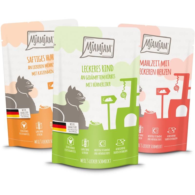 MjAMjAM Cat - Mixpaket I - Huhn, Rind, Herzen Pouch | 12 x 125 g