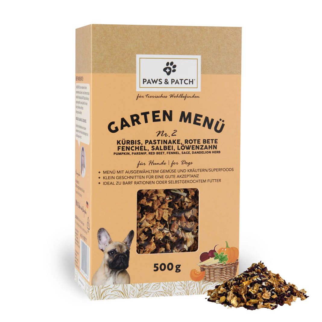 Produktbild von PAWS & PATCH Garten Menü für Hunde Nr. 2: Kürbis, Pastinake, Rote Bete, Fenchel, Salbei, Löwenzahn - 500 g