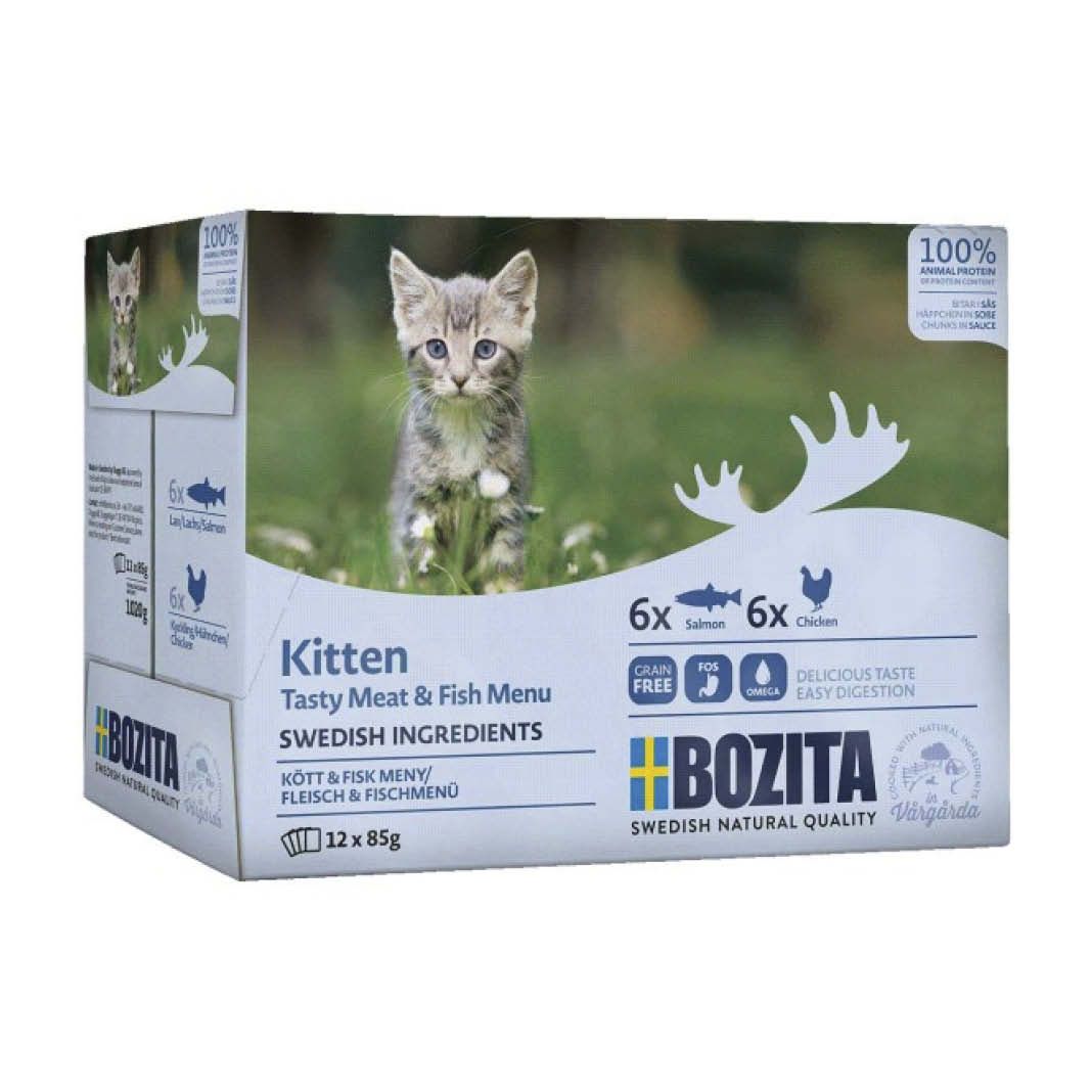 Bozita Cat Pouch Multipack Kitten Häppchen in Soße Fisch- & Fleischmenü | 12 x 85 g