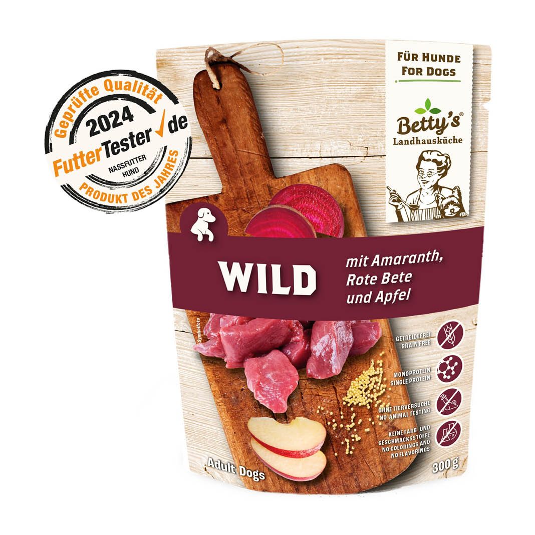 Betty's Landhausküche - Hund - Nassfutter - Wild & rote Beete, Amaranth, Apfel - Pouch | 10 x 300 g Betty's Landhausküche - Hund - Nassfutter - Wild & rote Beete, Amaranth, Apfel - Pouch | 10 x 300 g
