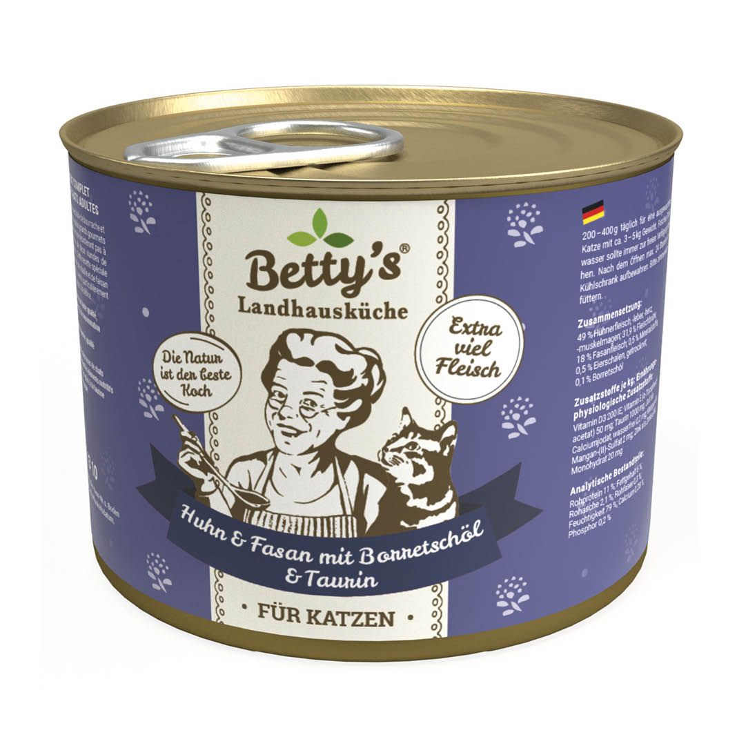 Betty's Landhausküche - Katze - Nassfutter - Huhn & Fasan mit Borretschöl | 6 x 200 g Betty's Landhausküche - Katze - Nassfutter - Huhn & Fasan mit Borretschöl | 6 x 200 g