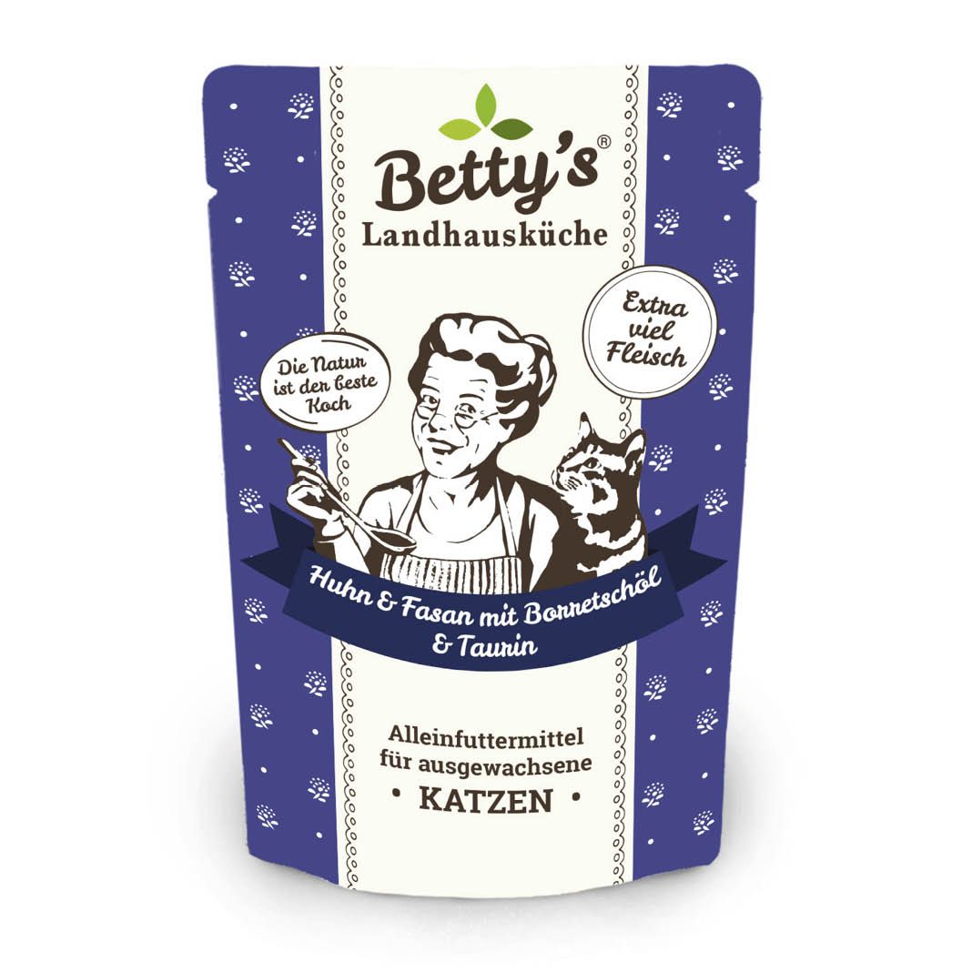 Betty's Landhausküche - Katze - Nassfutter - Huhn & Fasan mit Borretschöl - Pouch | 12 x 100 g